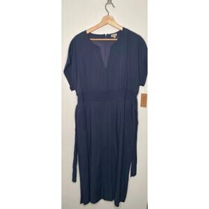 NWT Cremieux Rosalie Ocean Sunset Navy Belted V-Neck Dress Size 14